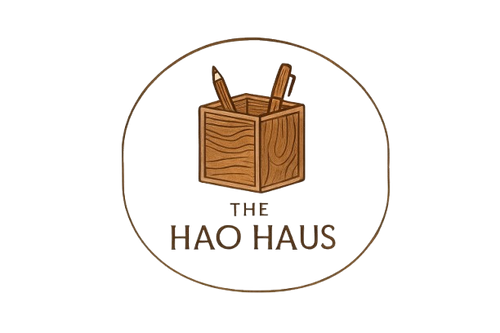 Logo of The Hao Haus with a wooden box and pencils on a white background